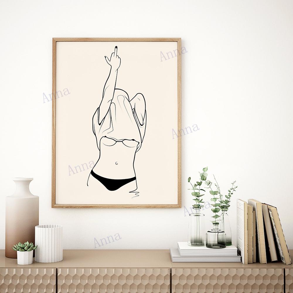 Fashion Black White Poster Sexy Middle Finger Line Feminist Canvas Painting Wall Art Woman Pictures Living Room Decor