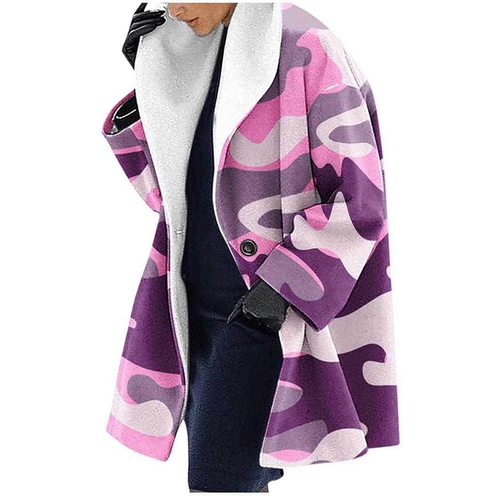 Women's Thick Woolen Cloth Ethnic Printed Hooded Jacket Windbreaker Cardigan