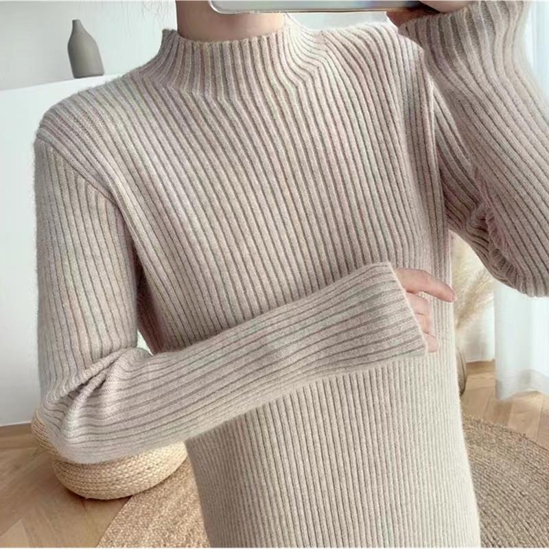 Autumn and Winter New Semi-turtleneck Solid Color Tight-fitting Sweater Dress Women's Long Slim-fitting Knitted Sweater