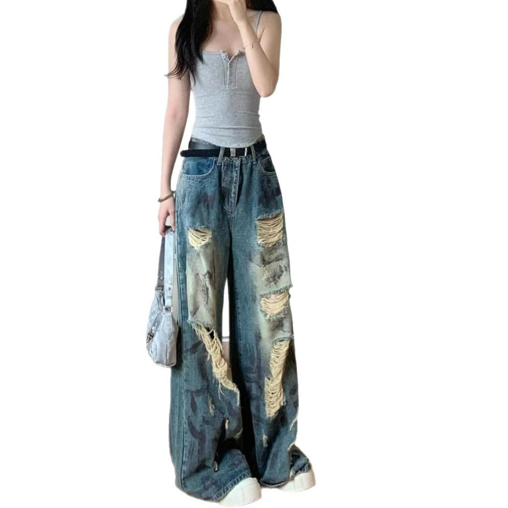 Broken Hole Big Yard High Street Denim Jeans Women Summer High-Waisted Loose Slim Drag Floor Wide-Leg Pants Retro Street Style Baggy Jeans for Ladies