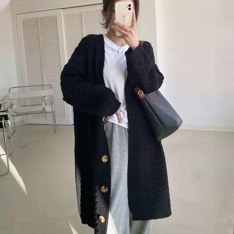 

Autunm Winter Fashion Cardigan Knitted Long Sleeve Sweater Women Office Twist Casual Solid Color Long Sweaters Coat New Loose Elegant Clothing one size чорний