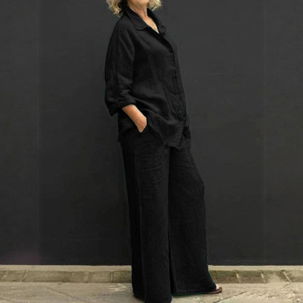 New Solid-color Collarless Shirt and Wide-leg Pants Set for Women - Loose-fitting Casual Long-sleeved Two-piece Set