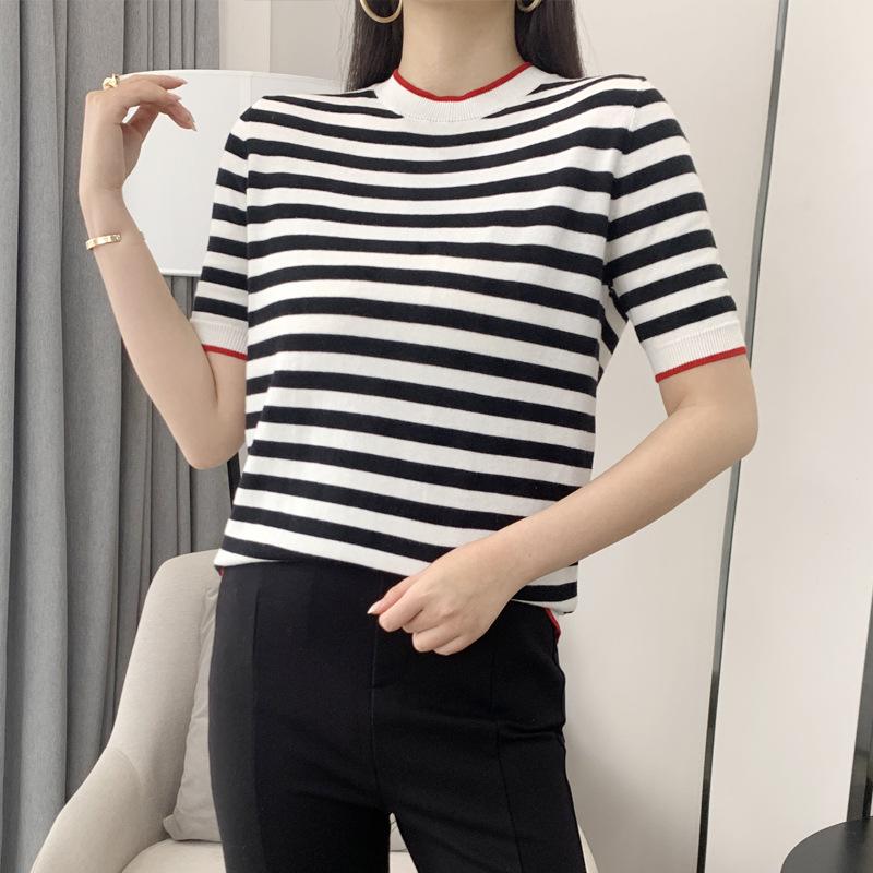 

Pure Cotton Half-sleeved T-shirt for Women In Summer New Round Neck Color Block Striped Sweater Fashionable Versatile Short-sleeved T-shirt Top XXL синій