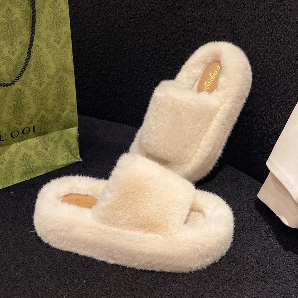 2024 autumn and winter new fluffy slippers women wear large size thick bottom plush office home versatile cotton slippers women