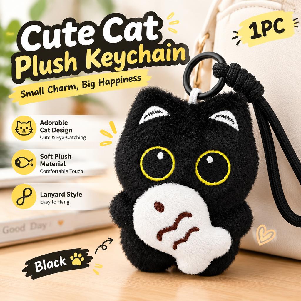 Black Cat with Fish Plush Keychain, Lanyard Style, 1 Piece