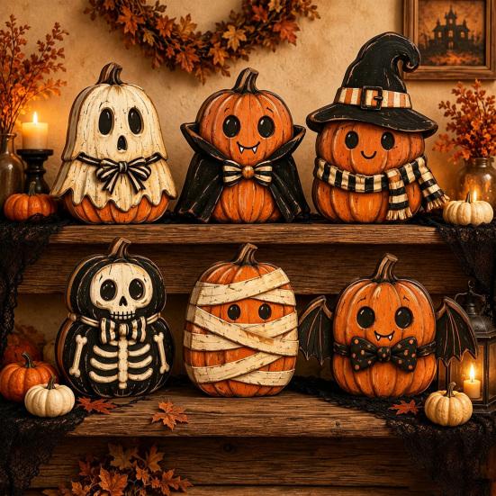 Halloween Gifts for Friends Wooden Ornaments, Retro Desktop Decorations Home Table Tiered Decorative Props Photography Tray Decor, Rustic