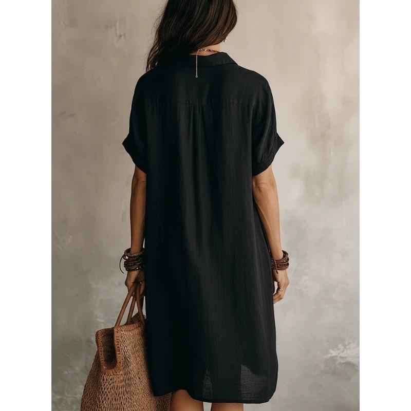 Women Button Down Shirt Dress Short Sleeve Casual Solid Color Loose Fit Midi Dress