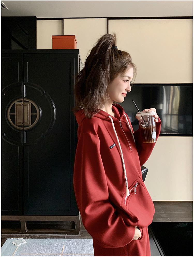 Women's Red Casual Sports Sweater & Wide-Leg Pants Set, 2024 Korean Style, Age-Reducing, Perfect for Spring/Autumn.