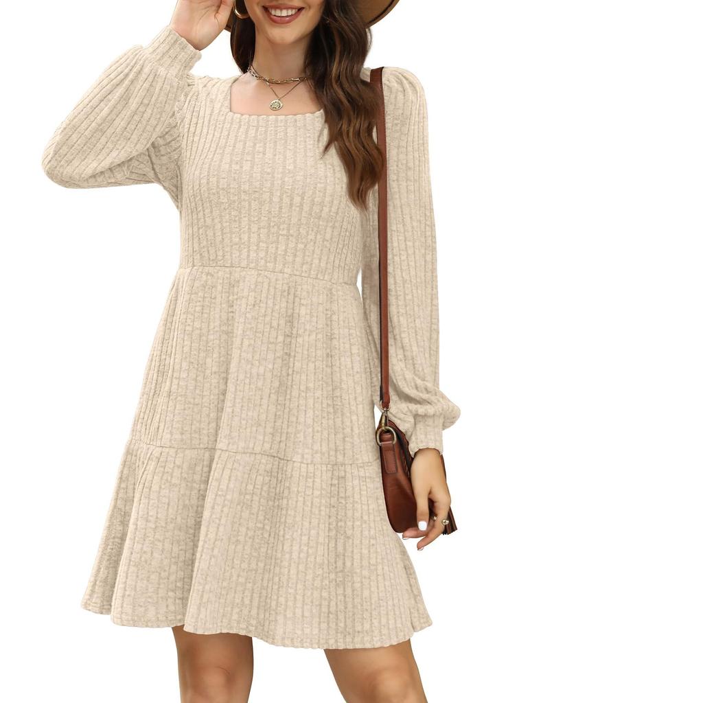 Damen Quadratischer Ausschnitt Langärmliges Herbstkleid Lässiges Baby-Pulloverkleid