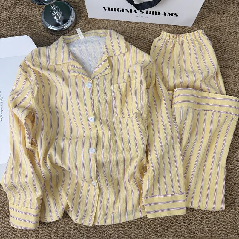 Korean Simple Contrasting Striped Pajamas Women's New Summer Loose and Lazy Long-sleeved Trousers Loungewear Two-piece Set