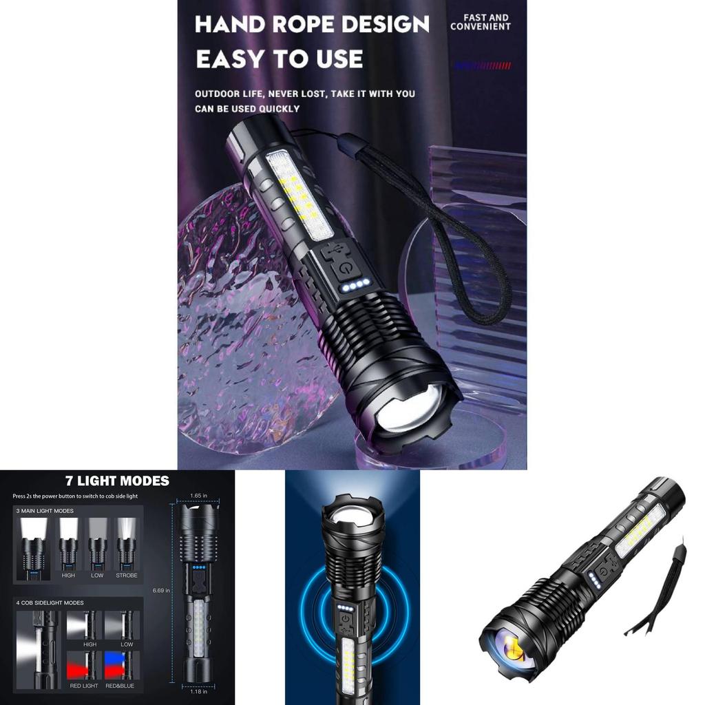 Strong Led Rechargeable Flashlight With Cob Work Light For Camping And Emergency Use