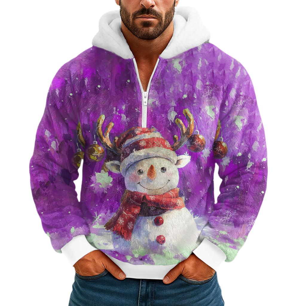 Pánská plyšová mikina s kapucí a polovičním zipem