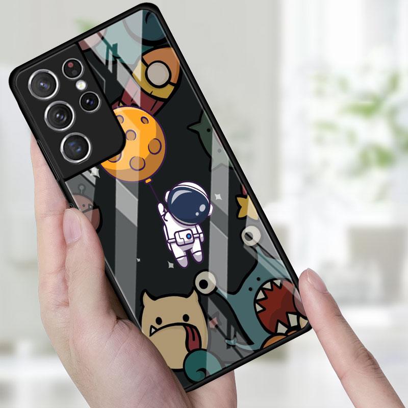 Handy Glas Hülle Für Samsung Galaxy S22 S21 S20 Ultra FE S9 S10 S8 Plus Note 20 10 Lite 9 8 Hülle Coque Süß im Weltraum Astronaut