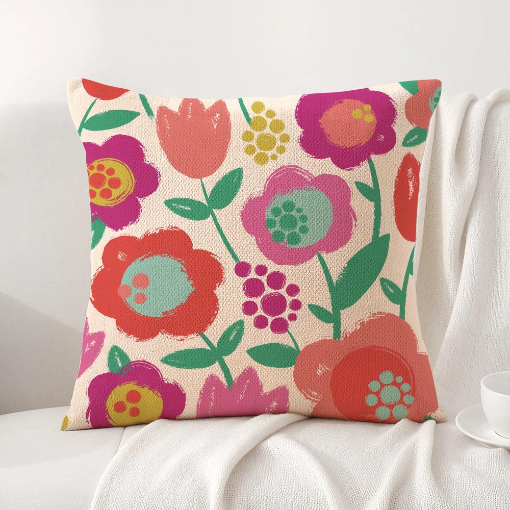 Colorful Flowers Cushion Cover Natural Linen Organic Fabric DoubleSided Printing Sofa Home Decor Breathable Bed Pillow