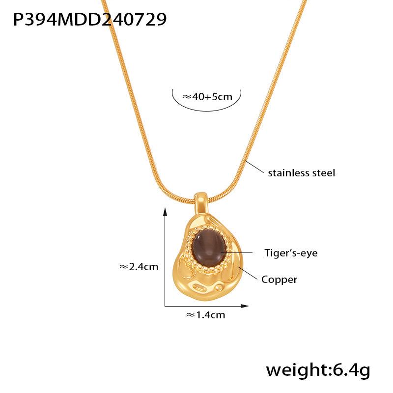 Oval Tiger Eye Stone Copper Pendant Necklace with Stainless Steel Clavicle Chain, 18K Gold-Plated for Women