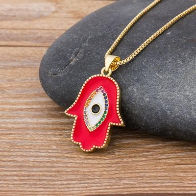

Nidin New Fashion Turkey Blue Eye Hamsa Hand Fatima Palm Necklac For Women Copper Jewelry Wholesale Good Luck Chain Necklace червоний