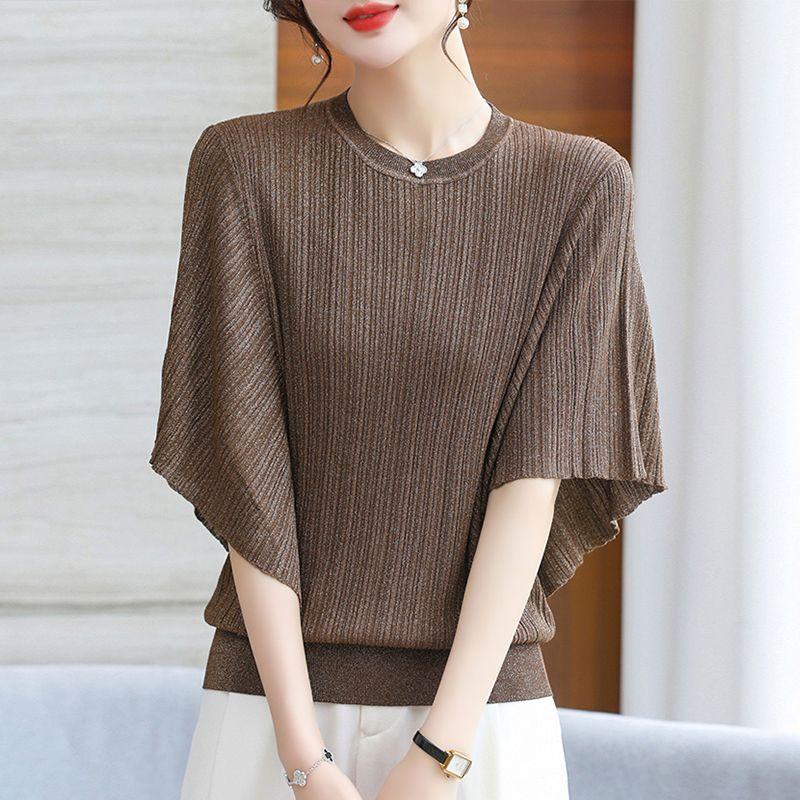 Tricou tricotat de vară pentru femei Cămașă cu mânecă scurtă de liliac Vară, Top la modă Cămașă tricotată din mătase de gheață