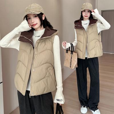Down Cotton Vest Women's Autumn and Winter New Korean Style Loose Solid Color Vest Hooded Jacket