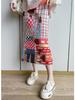 Miyake Cartoon Character Pleated Mid-Length Skirt with Plaid Print and Back Slit
