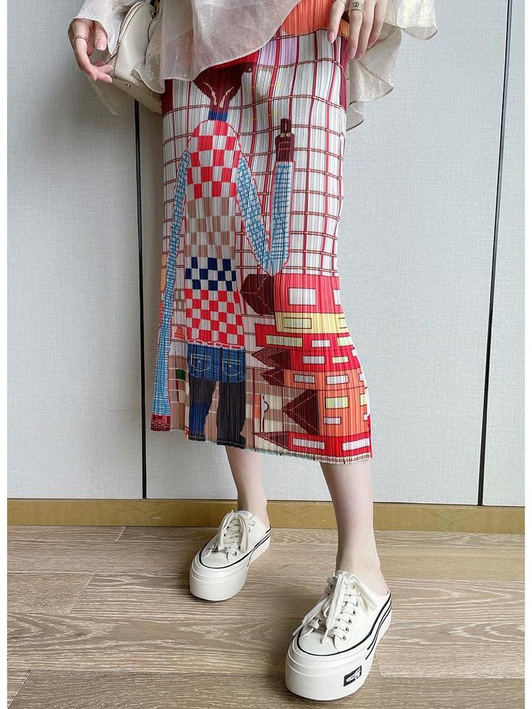 Miyake Cartoon Character Pleated Mid-Length Skirt with Plaid Print and Back Slit