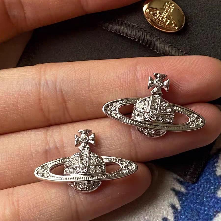 Classic Saturn Stud Earrings: Westwood-Style Full Diamond Planet Design