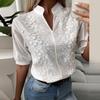 Solid Hollow-out V Neck Lace Blouse Floral Patterns Embroidery Decoration Casual Women Shirt Puff Sleeved Half Cotton Tops