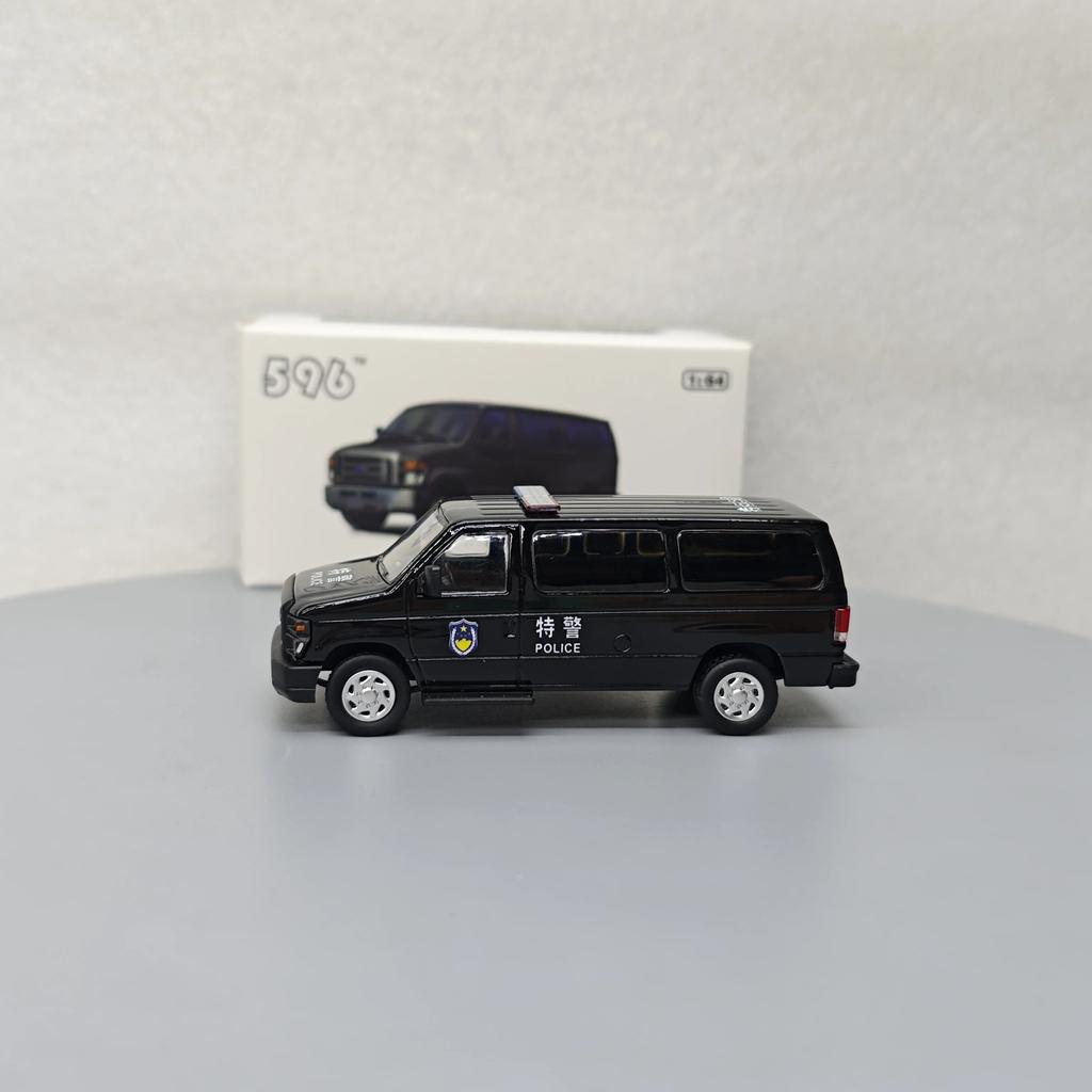 596 1:64 Ford E-Series Vans E350 Polizeiauto Legierungsmodellauto Diecast Miniaturauto Kinderspielzeug Geschenk