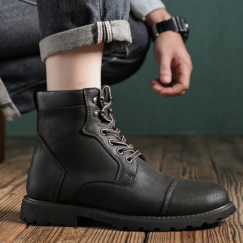 British Retro Men's High-Top Leather Cowboy Boots Lace-Up Comfortable Breathable Equestrian Casual Shoes Premium Quality Fashion
