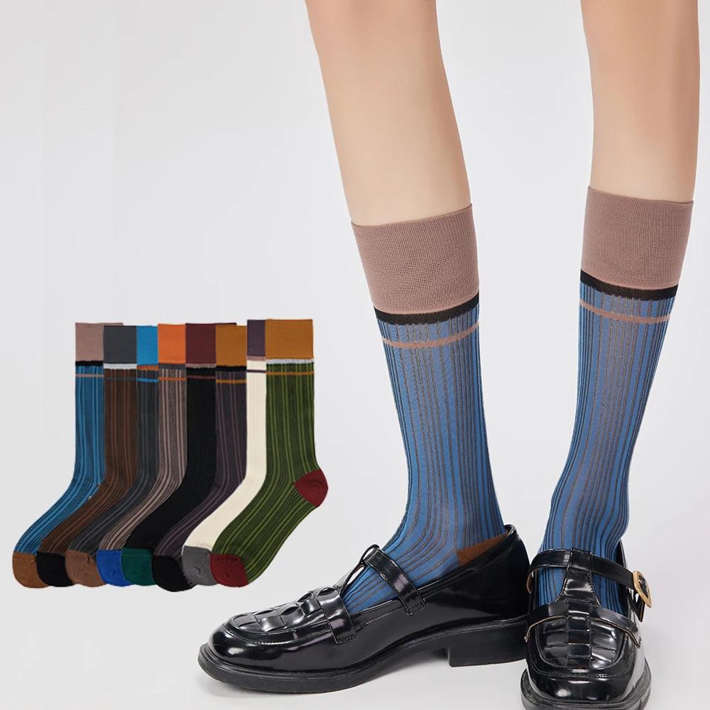 New Spring/Summer Women'S Mid Length Socks Vintage Thin Silk Socks Vertical Stripe Mid Leg Socks Sun Protection Long Stockings