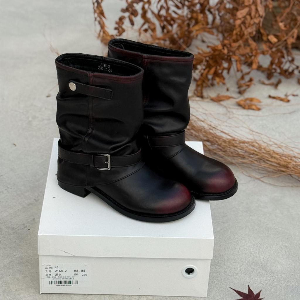 Leather denim pile boots women's 2025 new pleated black round head retro short boots thick heel spice girl knight boots