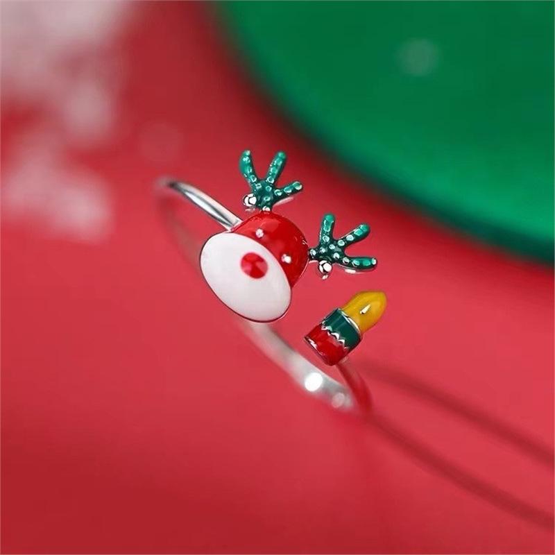 925 Silver Plated Christmas Antler Women's Open Ring - High-End Plain Band for Index Finger