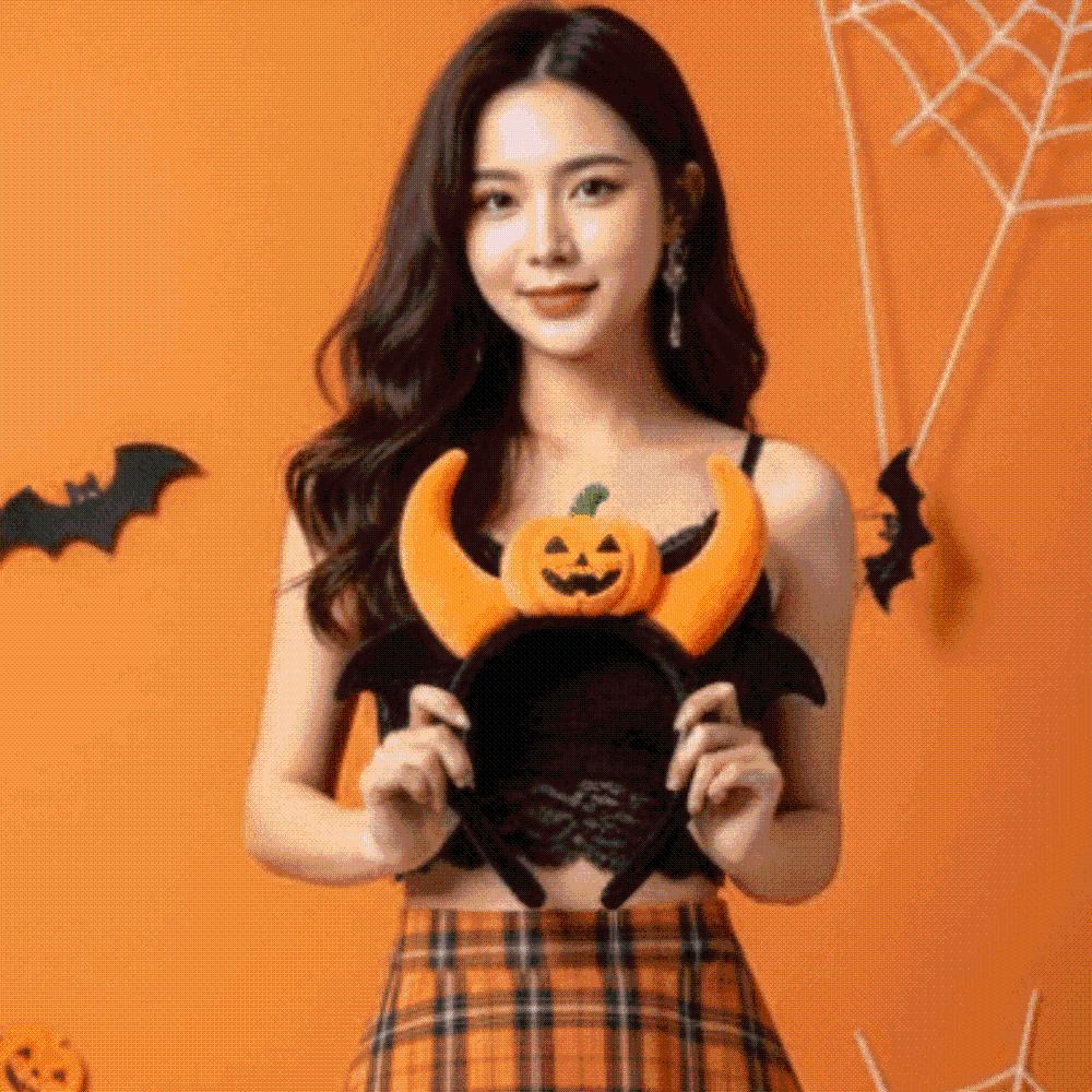 Elastic Pumpkin Headband Plush Halloween Head Hoop Spooky Headwear Theme Party