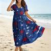 Women’s V Neck Short Sleeve Maxi Dress with Star Print Loose Fit Flowy Hem Casual Summer A Line Dress for Daily Wear