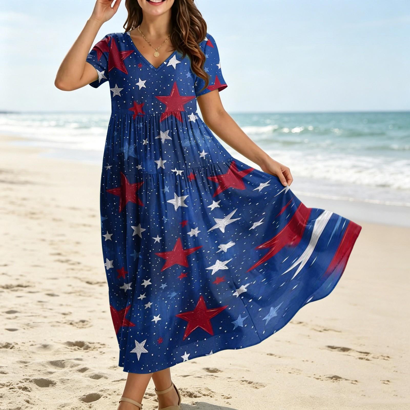 Women s Short Sleeve V Neck Maxi Dress with Star Print Loose Fit Tie Dye Casual Summer Style M