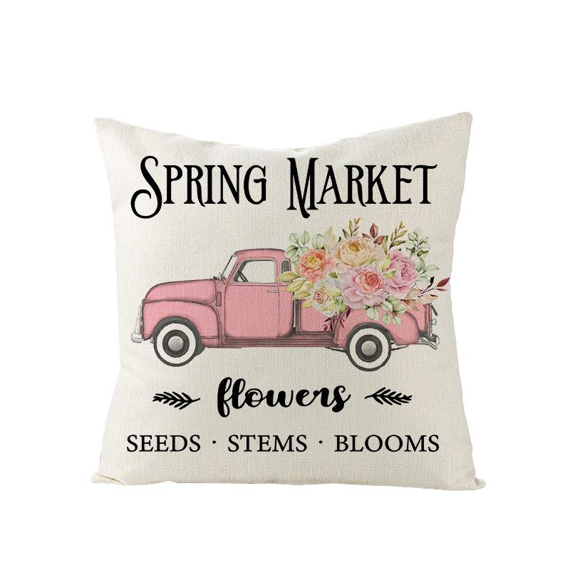 Spring Floral Pillowcase Linen Printed Sofa Pillowcase Pink Truck Bedroom Cushion Cover