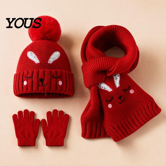 Stylish Winter Set for Outdoor Activities Hat Gloves Scarf Kids, Warm Knitted Pompom Hat, Cute And Kids Bunny Embroidery, Cozy Boys Girls Ages 2 to 6