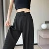 Women's Black Striped High-Waist Wide-Leg Pants - Autumn, Irregular Hem, Slimming Drape, Floor-Length, Casual Straight.