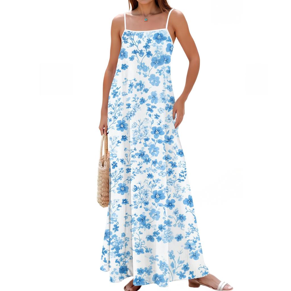 Women's Spring And Summer Casual Fashion Adjustable Suspenders Printed Long Dress