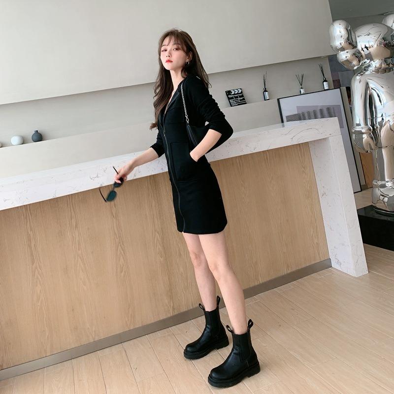 Vestito Primaverile e Autunnale da Donna Stile Coreano Casual e alla Moda Maglione con Cappuccio e Zip a Manica Lunga Gonna Corta