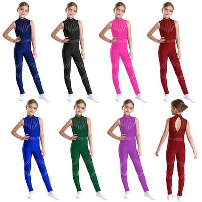 Girls Rhythmic Gymnastics Jumpsuit Shiny Rhinestone Sleeveless Ballet Dance Unitard Bodysuit Figure Skating Performance Costume