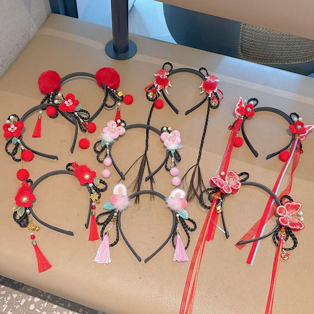 Flower Children Wig Headband Butterfly Hanfu Headwear Lovely Chinese New Year Headwear  Daily