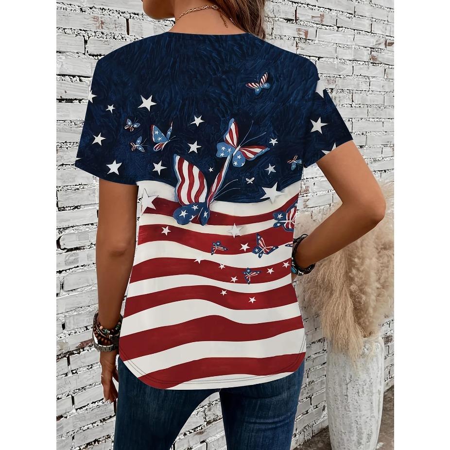 Women's American Flag & Butterfly Print Crew Neck T-Shirt - Casual Short Sleeve Spring/Autumn Top Vibrant Colors Printed Top