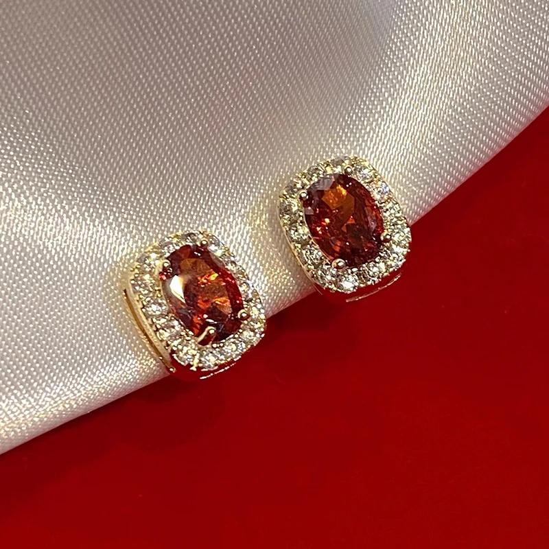 Huitan Charming Red Zirconia Crystal Earrings Female Wedding Ceremony Accessories Luxury Gold Color Zircon for Engagement Party
