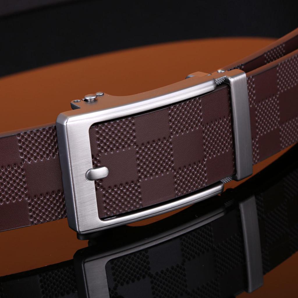 Men's Leather Belt, Genuine Leather, Automatic Buckle, Plaid Pattern