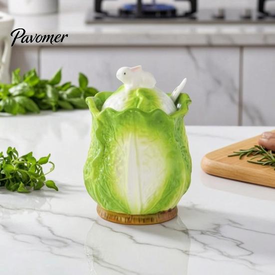 Cabbage Shape Spice Jar Ceramic Shaped Lard with Lid Spoon, 350ml Kitchen Sealed Condiment Server for Restaurant Seasoning Container, Multi