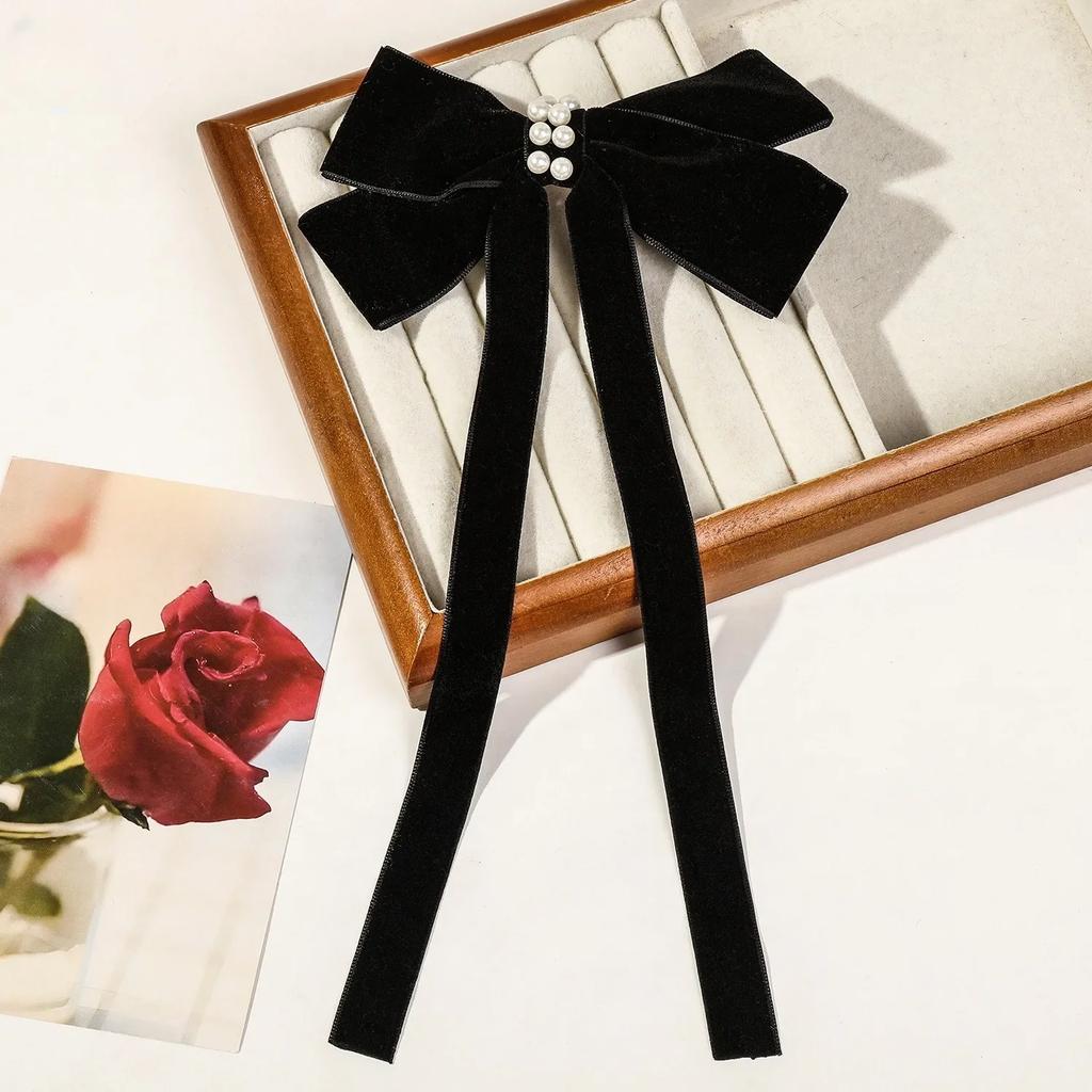Velvet Ribbon with Pearl Korean Hair Clips for Women Elegant Long Tassel Large Bows Girls Hairpin Accessories Autumn Winter New