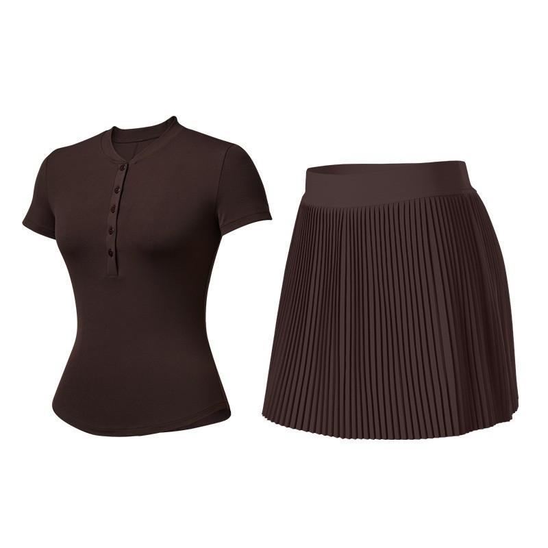 

[Set] Short-sleeved Henry Shirt Women s Pleated Skirt Tennis Golf Sports Running Two-piece Set Summer L