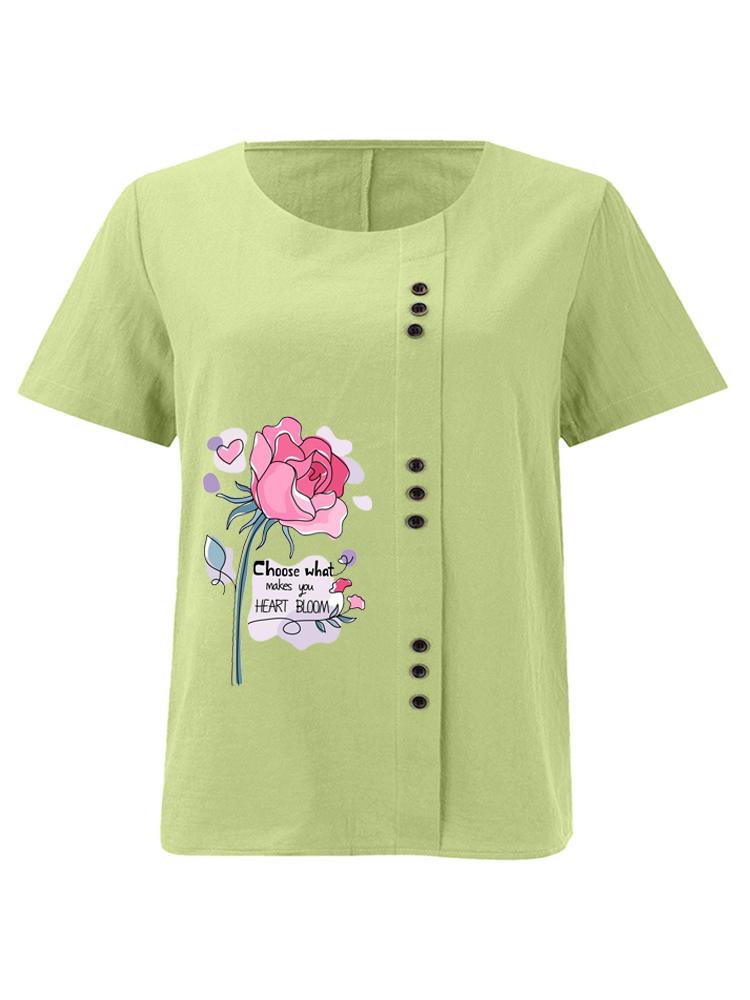 

Women s Fashion Floral Pattern Print Shot Sleeve T-shirt Loose Cotton Shirt Casual Loose Summer Plus Size Blouse Tops 5XL зелений
