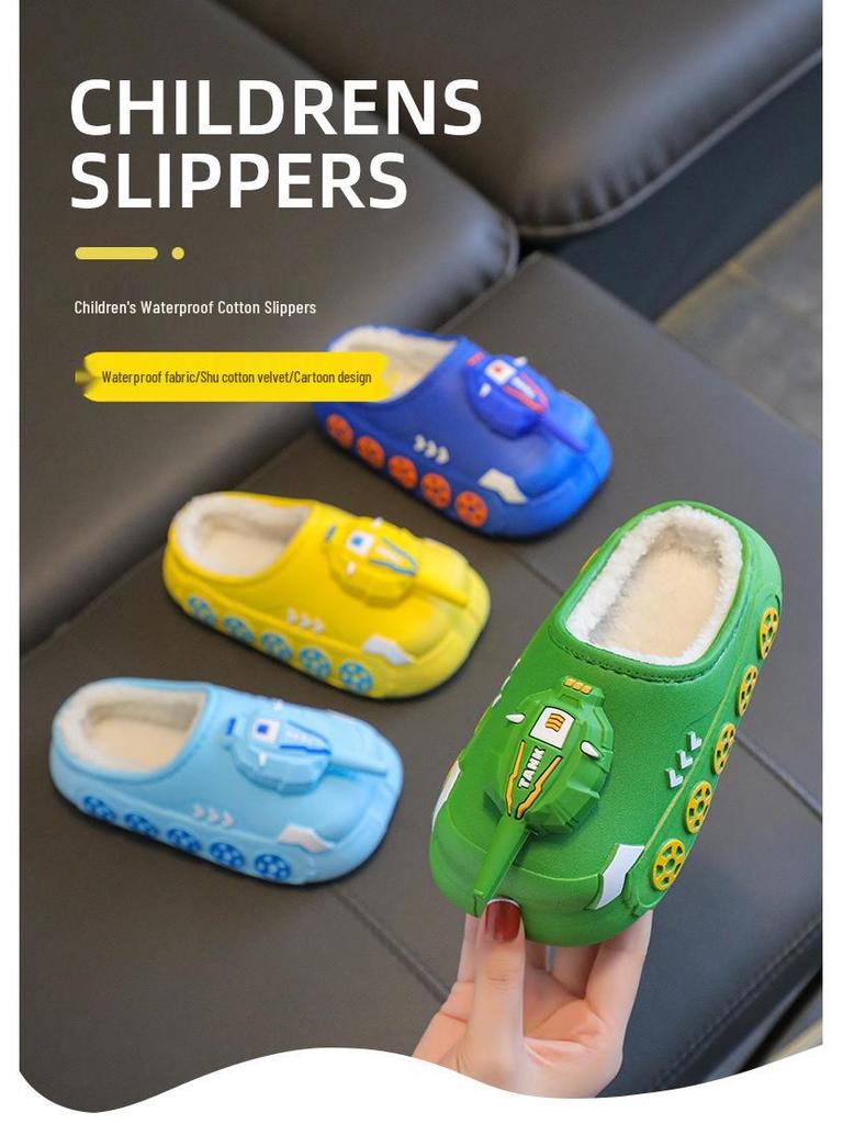 Children's Cute Cartoon Tank Rocket Velvet Warm Winter Slippers