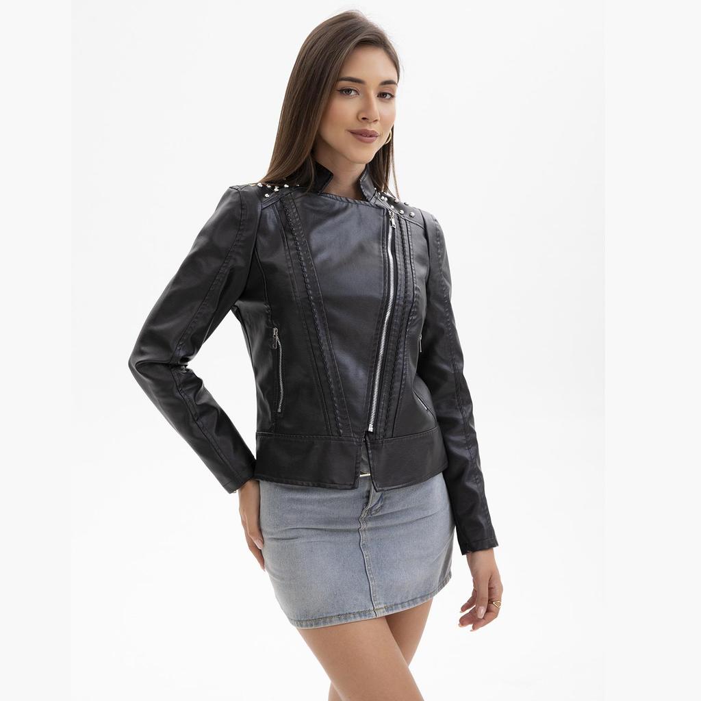 European Women's Beaded Leather Motorcycle Jacket - Long Sleeve, Lapel, Thin Fashion for Spring and Autumn 2023